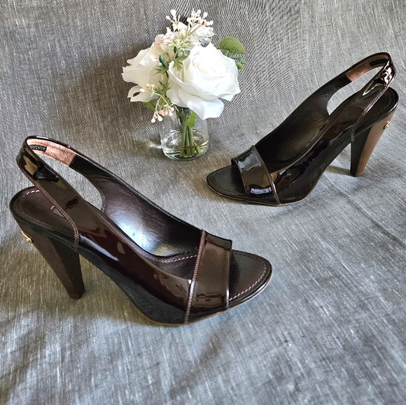 Louis vuitton Plum Patent Leather Metallic Gold Slingback Luxury Heels Size 6 US - Picture 2 of 16